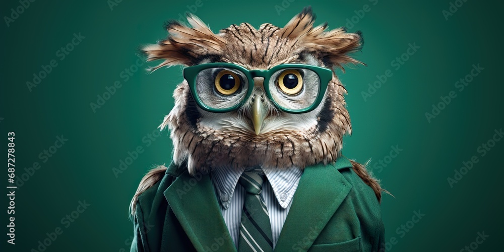 A wise owl wearing glasses and smiling, posed against a deep green studio background, looking scholarly A wise owl wearing glasses and smiling, posed against a deep green studio background, looking scholarly