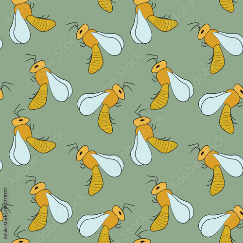 Seamless pattern with bees on color background. Small wasp. Vector illustration. Adorable cartoon character. Template design for invitation  cards  textile  fabric. Doodle style
