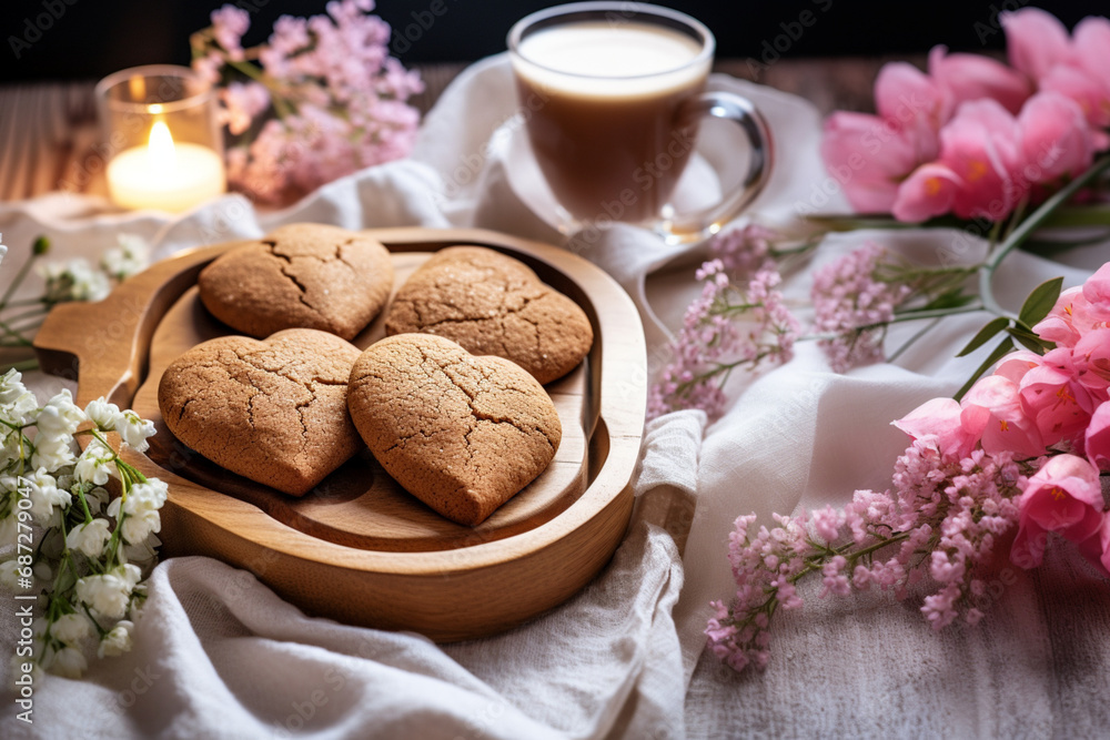 oatmeal heart-shaped cookies on wooden plate next to espresso in white mug