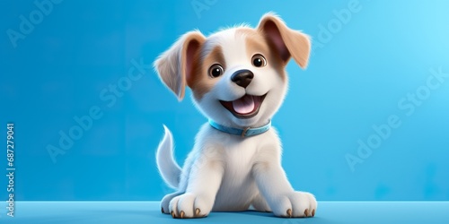 An energetic puppy character with a wagging tail pointing to the side, on a sky-blue studio background