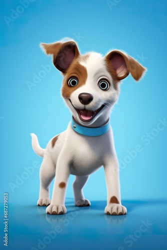 An energetic puppy character with a wagging tail pointing to the side, on a sky-blue studio background © EOL STUDIOS
