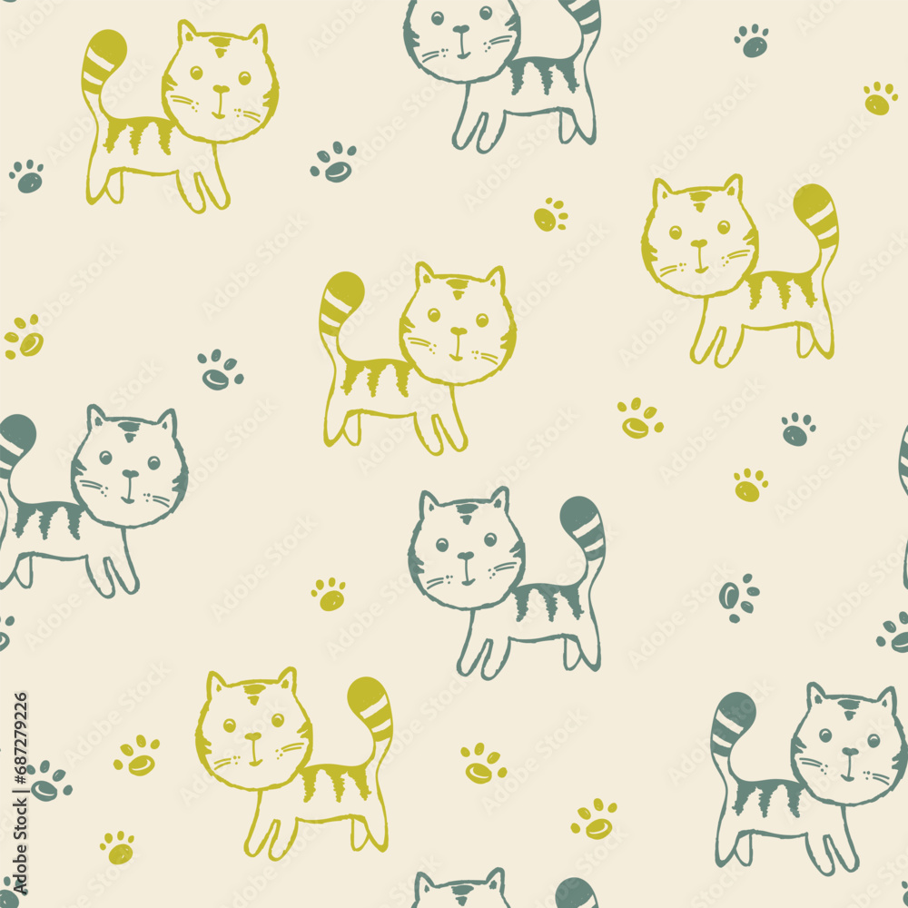 Seamless pattern with cute kitten print. Different scandy cats on color background. Scandinavian style illustration for kids. Vector illustration for fabric, textile, wallpaper, home clothing, pajama Seamless pattern with cute kitten print. Different scandy cats on color background. Scandinavian style illustration for kids. Vector illustration for fabric, textile, wallpaper, home clothing, pajama