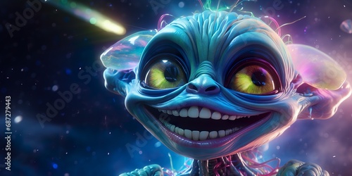 An expressive alien character with bright colors and an enchanting smile, floating in a virtual galaxy