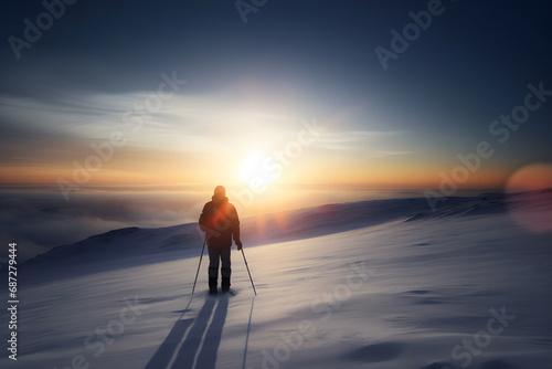 Skier in the mountains in winter. Adventure concept. Panoramic view. Neural network AI generated art © mehaniq41