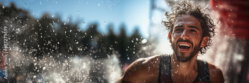 A marathon runner splashing water on their face at a hydration station the concept of hydration 