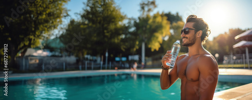 A swimmer taking a sip from a water bottle at the poolside the concept of hydration 