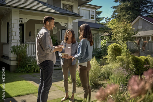 Real estate agent showing a home, house, residential property, single-family home unit.  Homeowners, renters, couple, standing in the house, talking, discussing, pros & cons of the home.