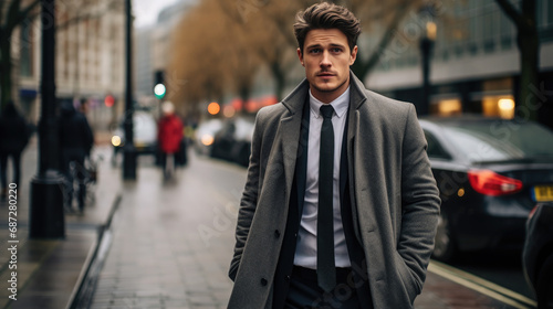 young handsome man in a coat on the street of a European city in autumn, guy, boy, model, London, business, portrait, successful, confident, gentleman, sir, stylish clothes, fashion, beauty, suit © Julia Zarubina