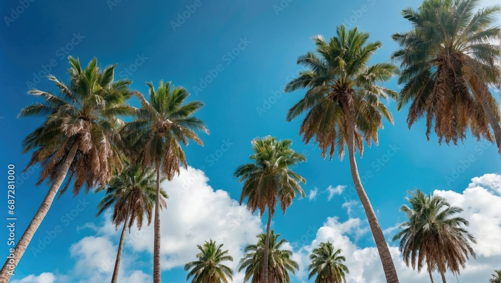 Low angle view of tall green palm trees with coconuts against a clear blue sky, giving a tropical ambiance Low angle view of tall green palm trees with coconuts against a clear blue sky, giving a tropical ambiance