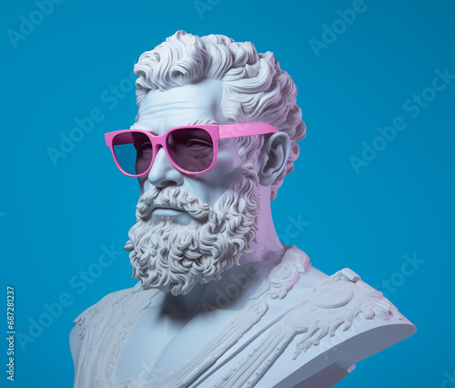 A white statue wearing pink sunglasses.