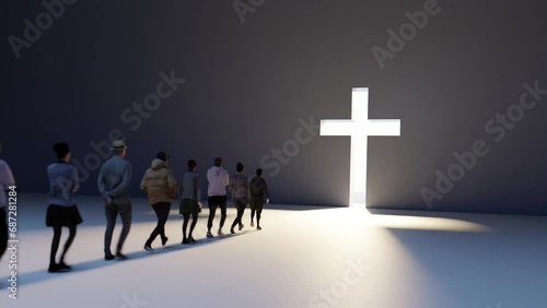 People Walking Towards a Huge Cross Passage - conceptual religious 3d animation - moving from right to left photo