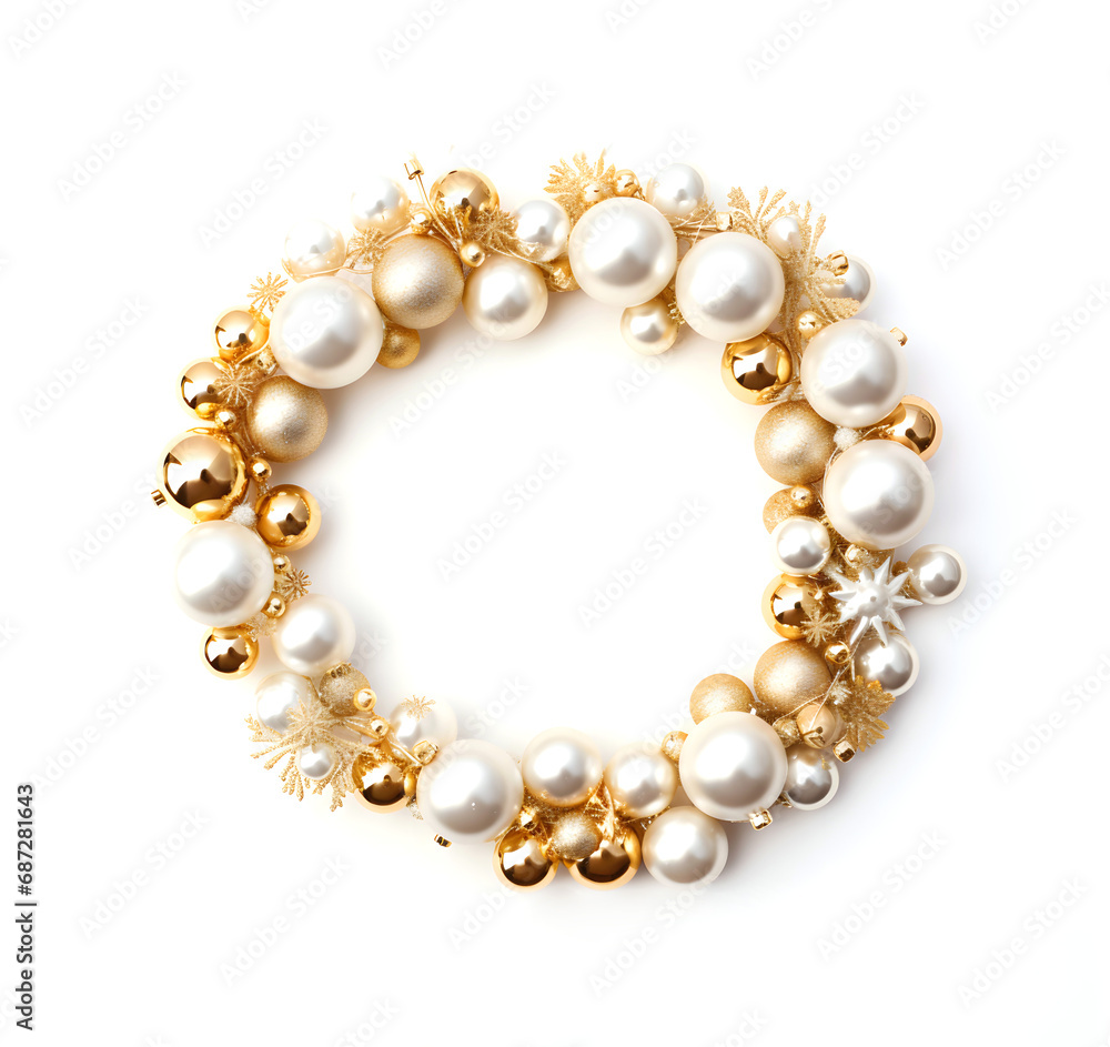 Golden New Year Decor of gold Christmas balls on isolated white background with round frame. Copy space Golden New Year Decor of gold Christmas balls on isolated white background with round frame. Copy space