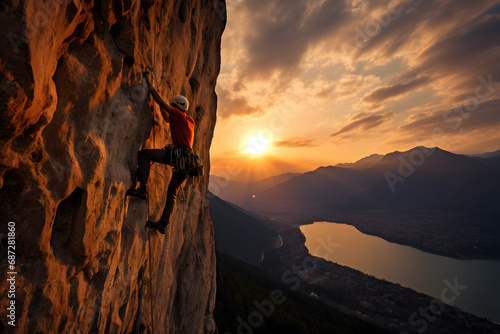 a climber with a sunset in the mountains