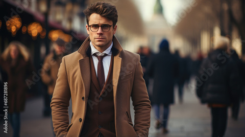 young handsome man in a coat on the street of a European city in autumn, guy, boy, model, London, business, portrait, successful, confident, gentleman, sir, stylish clothes, fashion, beauty, suit
