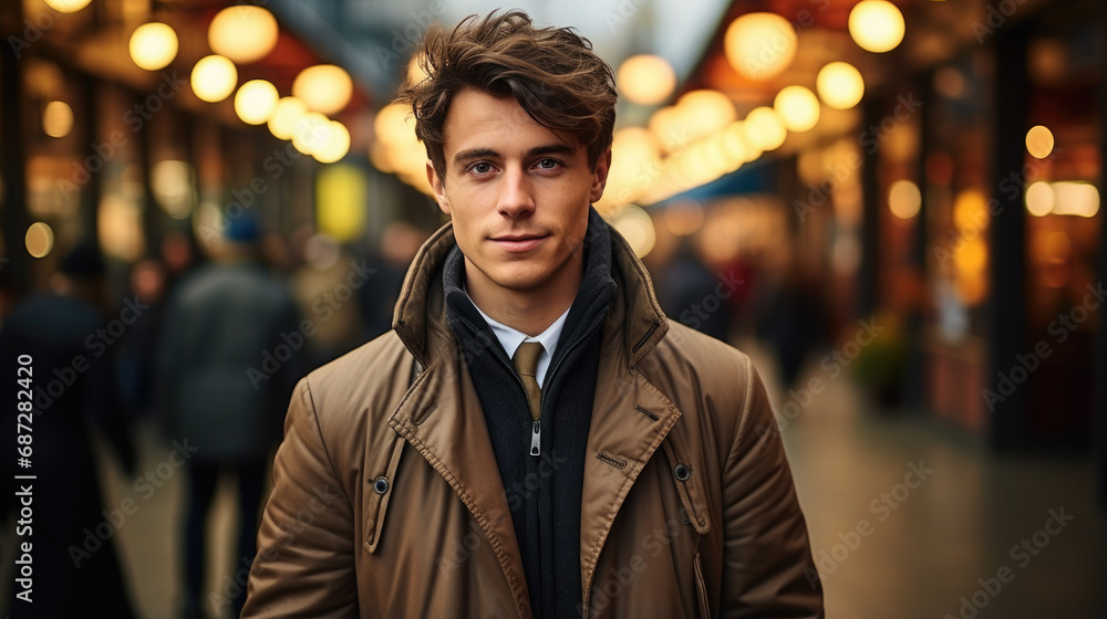 Fototapeta premium young handsome man in a coat on the street of a European city in autumn, guy, boy, model, London, business, portrait, successful, confident, gentleman, sir, stylish clothes, fashion, beauty, suit