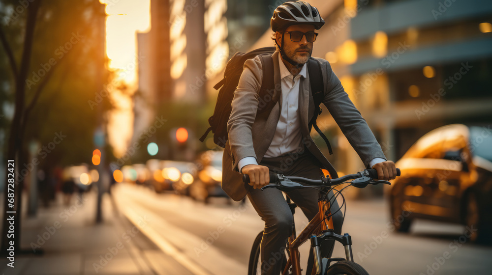 Businessman wearing helmet ride bicycle on long road in city in sunset.Generated AI. - obrazy, fototapety, plakaty 