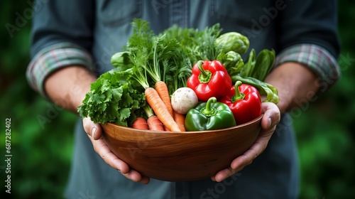 A man holds a bowl of salad  with colorful vegetables.Generated AI.