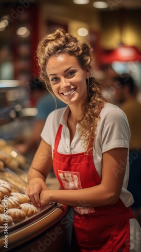 A portrait of young woman smiling working as a sales person in cake shop.Generated AI.