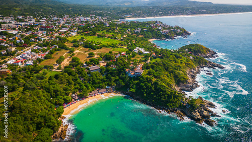 Canvas Print Puerto escondido Oaxaca Coastline aerial footage of sea ocean water waves in Mex