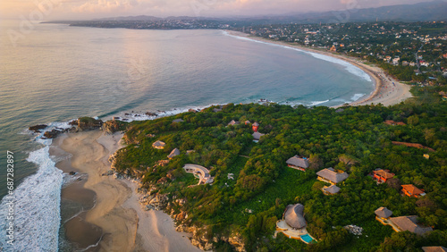 Drone aerial of  la Punta Zicatela beach famous surf spot in Mexico Puerto escondido Oaxaca coastline famous travel holiday destinations photo