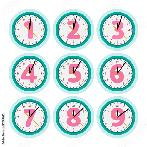 Clock set - 1, 2, 3, 4, 5, 6, 7, 8, 9 minutes