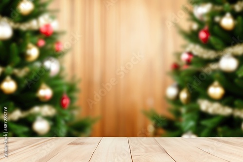 Empty wooden table with christmas background
