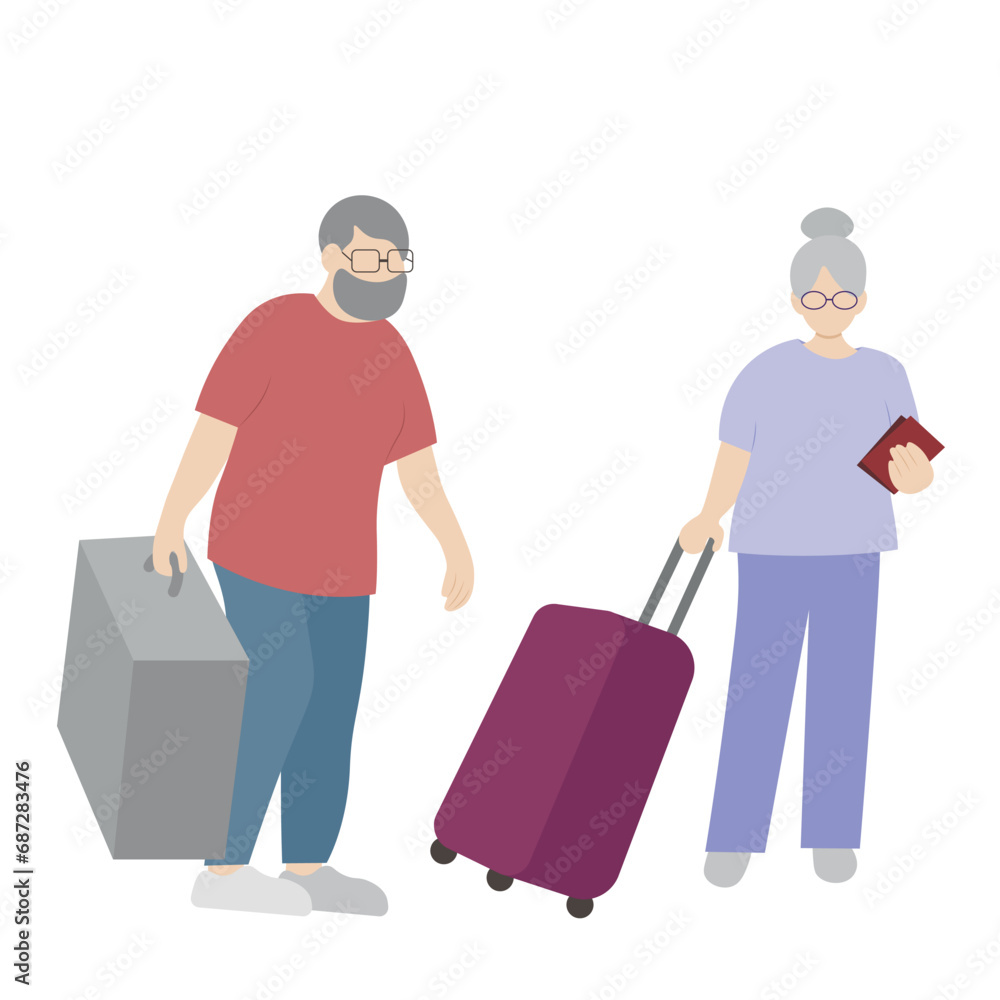 Elderly couple with suitcases, isolate on white, flat vector, faceless illustration, grandparents traveling Elderly couple with suitcases, isolate on white, flat vector, faceless illustration, grandparents traveling