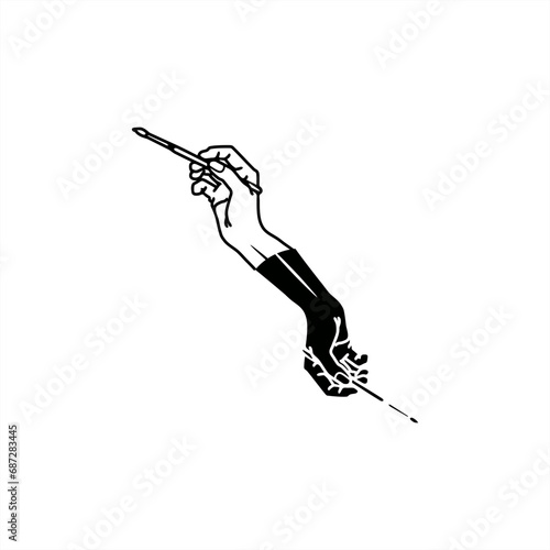 silhouette and line art illustration of two hands holding a paintbrush for an icon or logo