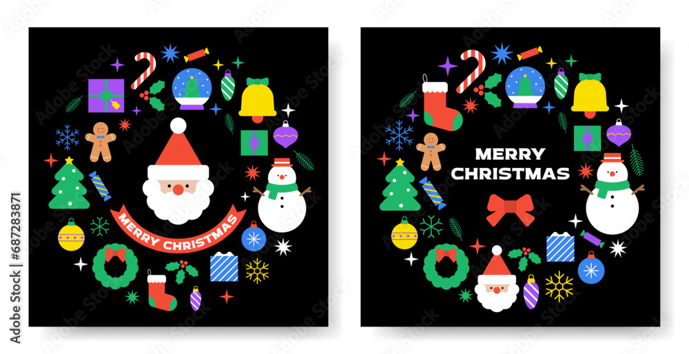 Fototapeta premium Merry Christmas collection. Happy New Year decorative elements. Xmas colorful sticker icon set. Deer, Cookie house. Holiday pattern. Isolated, black background. Trendy style vector flat illustration.