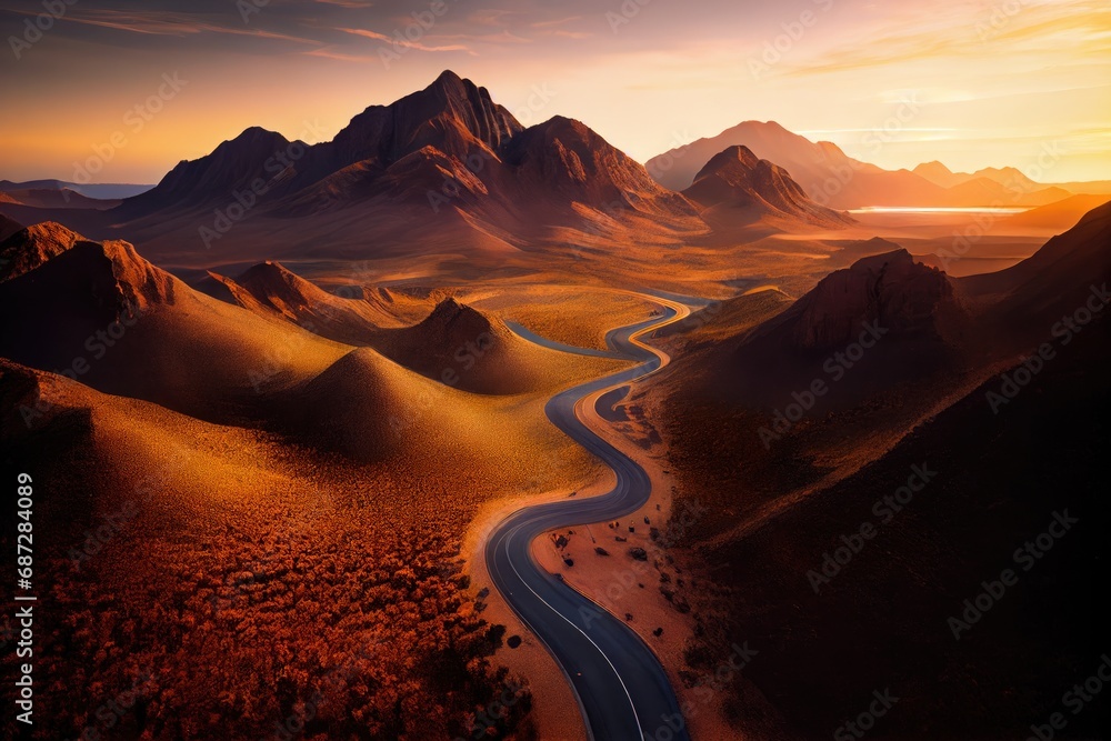 Fototapeta premium Serpentine Road Among Green Hills at sunrise. Beautiful landscape.