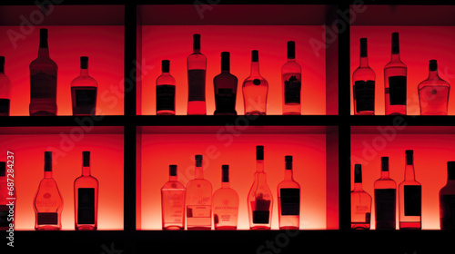 Back lit bottles in a cocktail bar, vibrant neon red light