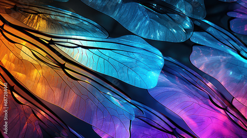 Multi-colored, vibrant abstract texture, wing of psychedelic dragonfly under microscope