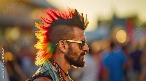 Young male punk with colorful mohawk hairstyle at music festival