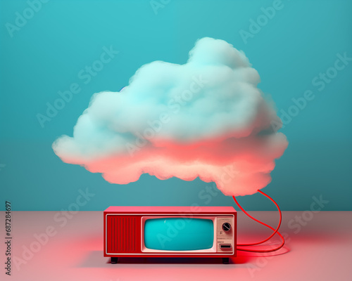 Wallpaper Mural A old TV set is connected to the cloud above it. red and turquoise colors. Torontodigital.ca