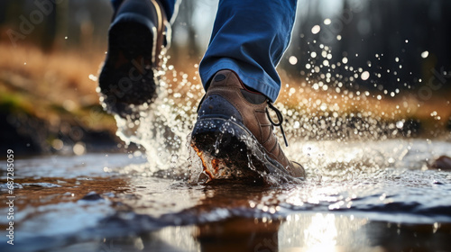 Hiking in wet weather, trekking boot hits a puddle, water splash