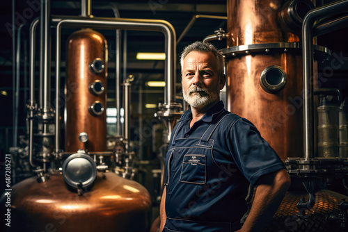 Portrait of a senior man working in a brewery. He is looking at camera and smiling.