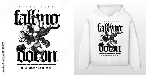 Art design of urban featuring an illustrated angels, victorian illustration. Gothic font texts add an authentic urban, white hoodie and template. Perfect for clothing patterns seeking