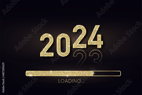 2024 New Year gold progress bar. Golden loading bar with glitter particles on black background for Christmas greeting card. Design template for holiday party invitation. Concept of festive banner