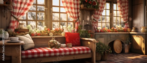 Cozy cottage interior with festive decorations and homely atmosphere. Holiday season and home comfort.