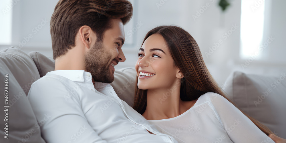Cheerful happy family, man husband and woman wife cuddling and enjoying the comfort of home apartment. Love, strong marriage, tenderness of family life, light colors, studio shot. Cheerful happy family, man husband and woman wife cuddling and enjoying the comfort of home apartment. Love, strong marriage, tenderness of family life, light colors, studio shot.