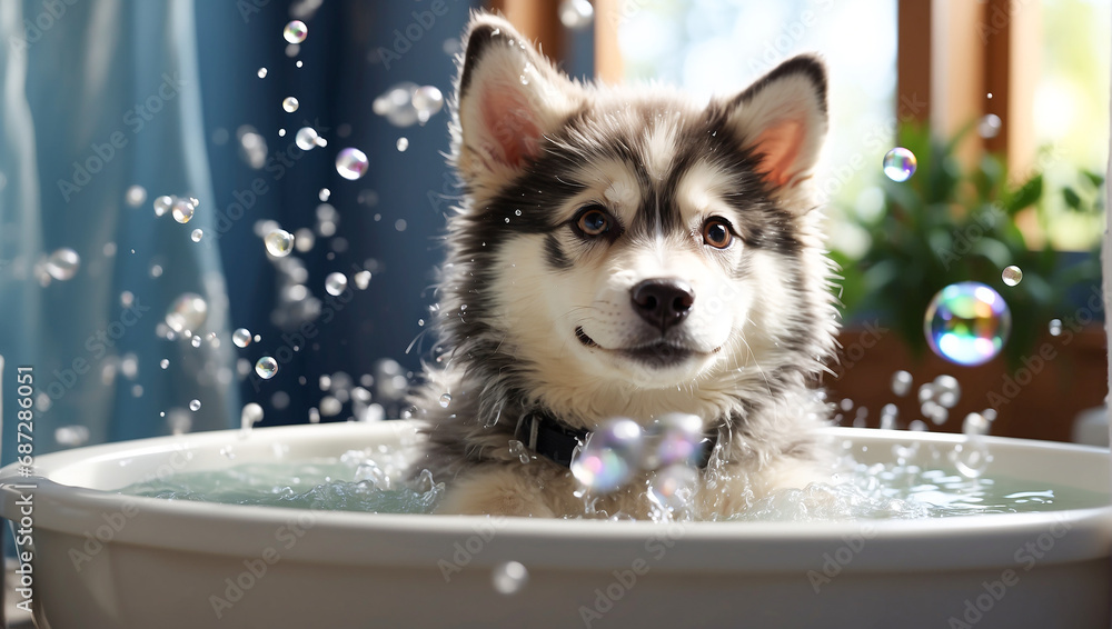 Cute funny  portrait Husky puppy bathes in a basin in the bathroom