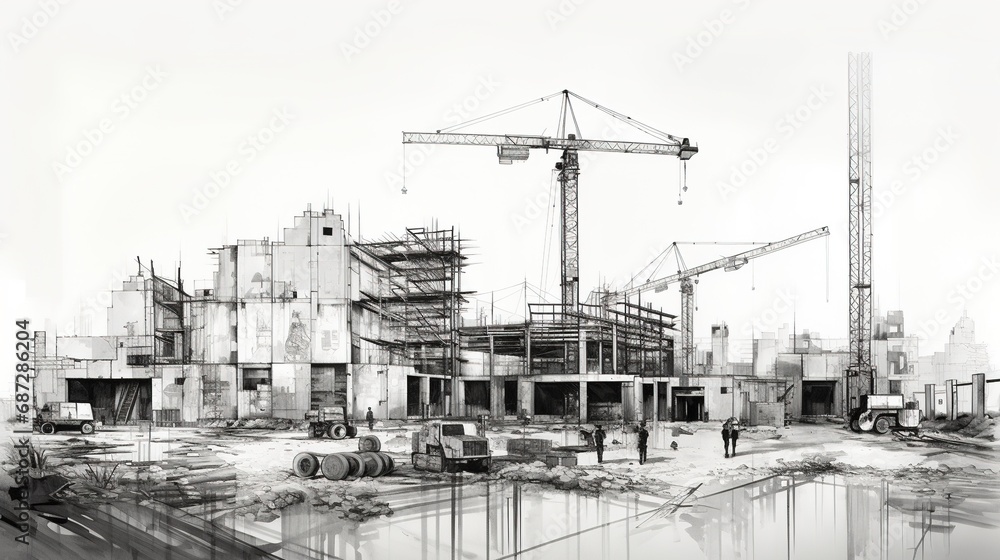 Black and white sketch of construction site