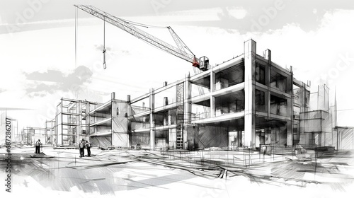 Black and white sketch of construction site