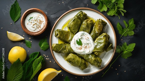 Dolma on a dark background. Traditional Caucasian, Turkish and Greek cuisine, top view