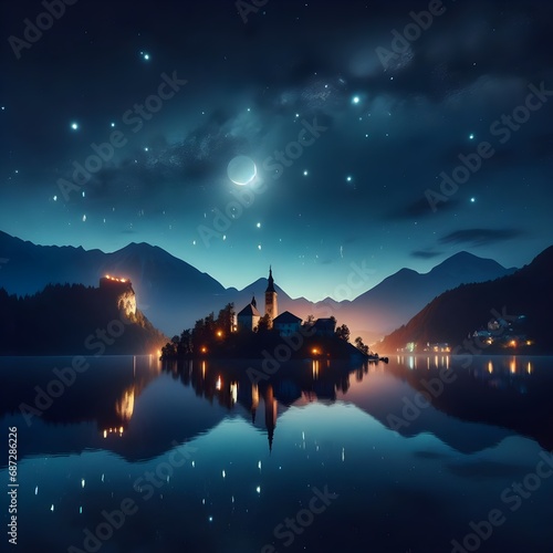 Solitary church on a lake at night. The church is surrounded by mountains and trees, and the only light comes from a crescent moon in the sky.