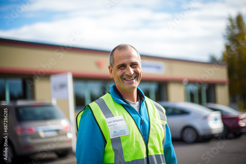 Portrait of smiling mature male security guard standing in front of building