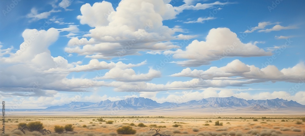 Panoramic desert valley with spectacular cumulus cloud formations and distant mountain hills on the horizon - painting reminiscent of hot and dry midday landscape in Nevada.