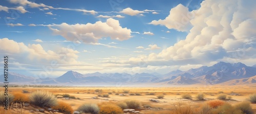 Panoramic desert valley with spectacular cumulus cloud formations and distant mountain hills on the horizon - painting reminiscent of hot and dry midday landscape in Nevada. photo