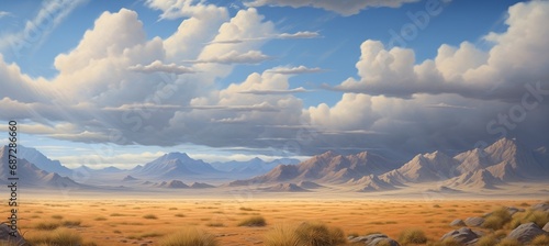 Panoramic desert valley with spectacular cumulus cloud formations and distant mountain hills on the horizon - painting reminiscent of hot and dry midday landscape in Nevada. © SoulMyst