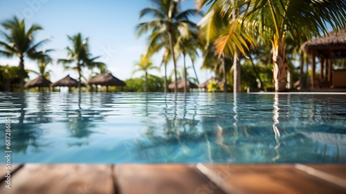 Resort pool with palm trees and hut, tropical paradise © mashimara